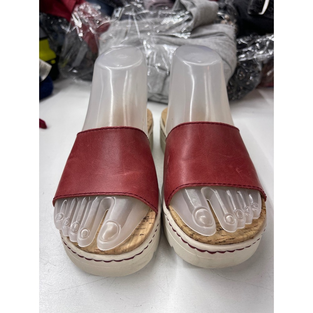 Born Red Leather Platform Slide Sandals Cork Footbed Womens 6M BR0016109